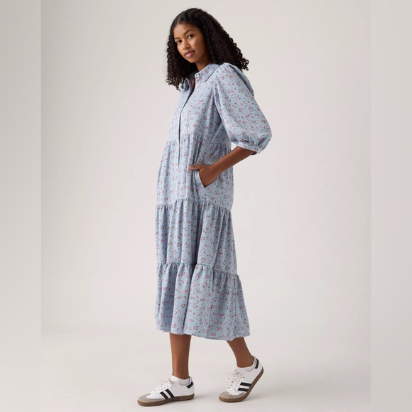 Levi's Cynthia Blue Floral Long Sleeve Midi Dress Cottage core size Large - Picture 2 of 5